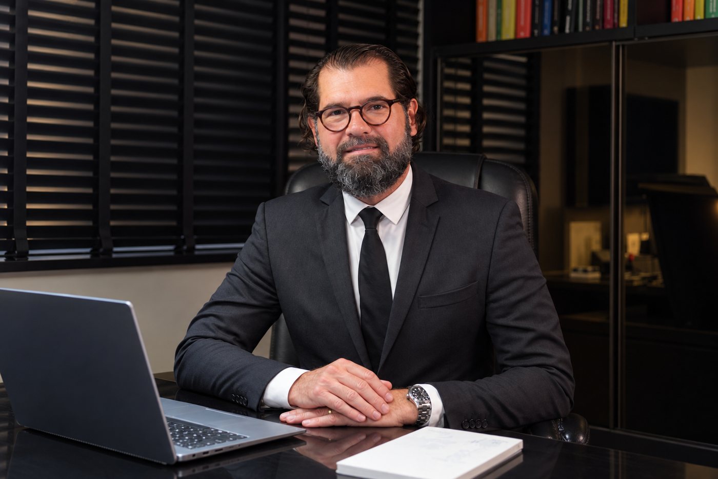 Dr. Adriano Sobreira em sua mesa de trabalho no escritório